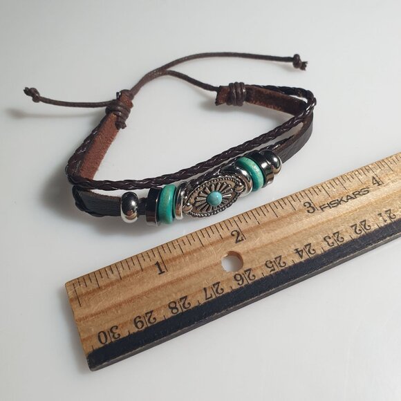 Brown Leather Bracelet Beads Silver Tone Adjustable Boho Design Handmade Unique - Picture 4 of 4